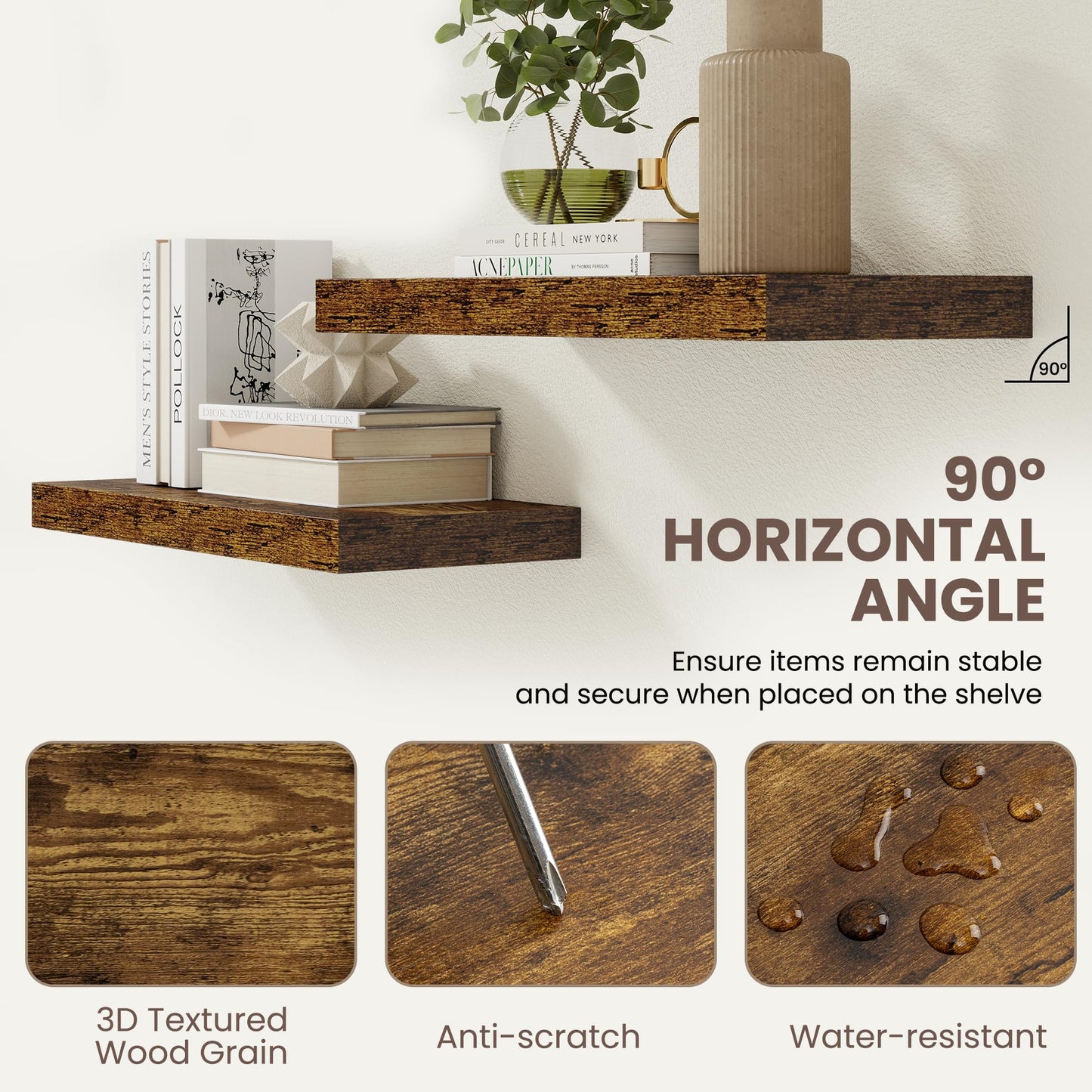 24 Inch Floating Shelves for Wall Decor,9.3" Deep Floating Shelf Wall Book Shelves,Large Display Storage Shelf,Wall Mounted Shelves with Invisible Bracket for Living Room,Bedroom,Bathroom,Rustic Brown