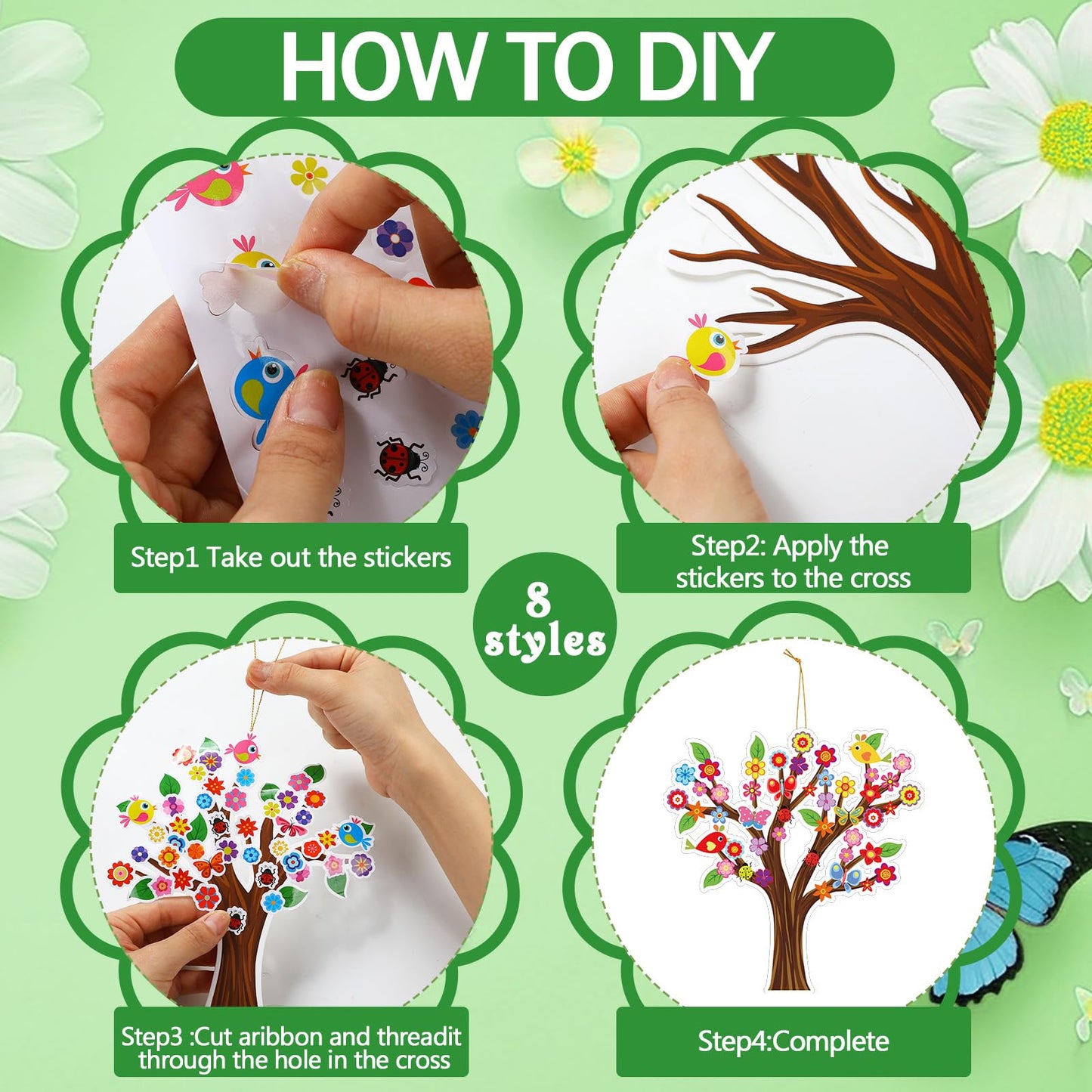 Watersay 48 Sets Spring Tree Craft Kits for Kids Bird Butterfly DIY Tree Spring Art Craft Ornaments for Preschool Home Easter Party Art Activities Decoration
