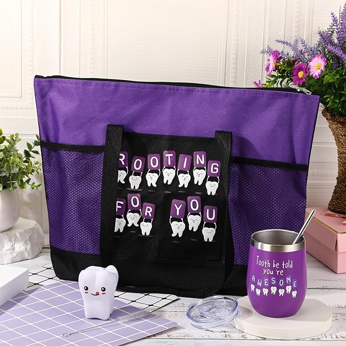Sliner 3 Pcs Christmas Dental Assistant Gifts Positive Dentist Dental Hygienist Gifts Accessories Inspirational 12oz Tumbler Tote Bag Funny Teeth Stress Toy for Women Students Nurses Doctors(Purple)