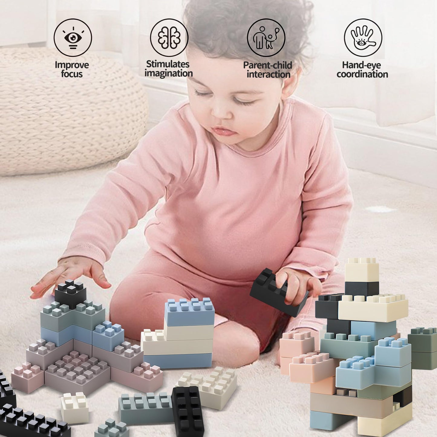 Montessori Toys Bundle – Sensory Balls for Toddlers & Silicone Blocks 24PCS, Multiple Textures Hand Catching Baby Balls, Baby Rattle 3-6 Months, Stacking Soft Blocks for Babies 1-3, Educational Play