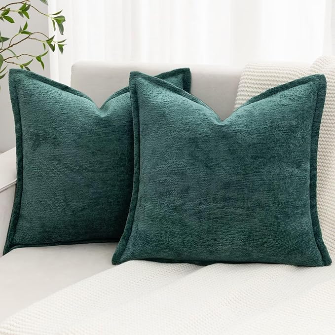 Green Decorative Throw Pillow Covers 26x26 Inch Set of 2 Cozy Soild Chenille Cushion Cases Soft Textured Square Couch Pillows Cover Boho Accent Farmhouse Pillowcases for Sofa Bed