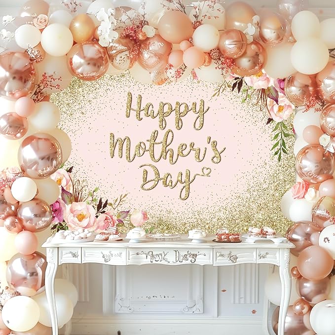 Avezano Glitter Gold Happy Mother's Day Backdrop for Thanks Mother Party Photoshoot Photography Background Blush Pink Golden Glitters Dots Floral Mom's Day Party Decorations Backdrops (10x7ft)