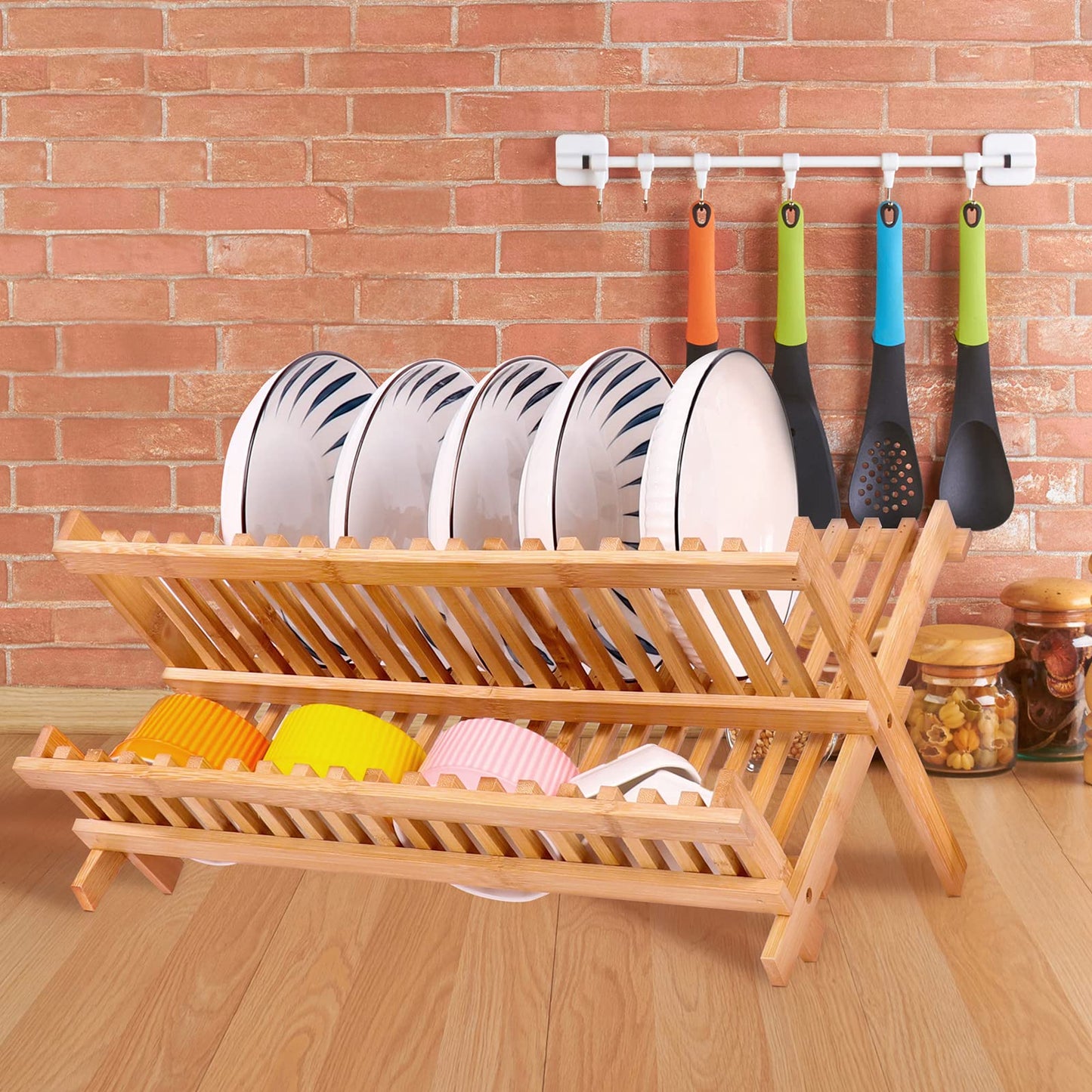 SZUAH Collapsible Bamboo Dish Drying Rack - 2 Tier Space Saving Kitchen Counter Organizer, Holds 19 Plates, Bowls & Utensils (17.8"x10.23"x9.25")