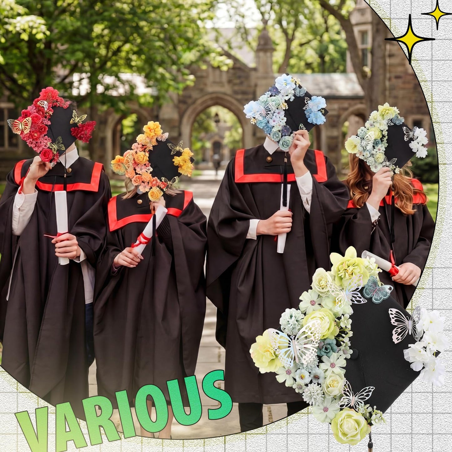 Wavwavw 36 Pcs DIY Graduation Cap Decorations Accessory Kit Include Faux Flower Heads and 3D Glitter Butterfly for Graduation Cap Decoration Home Decor Cake Wreath Craft Decor(Light Green)