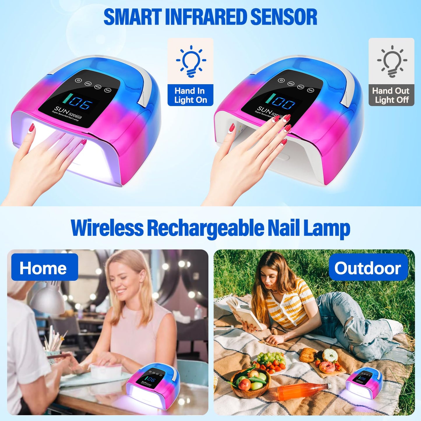 UV LED Nail Lamp Dryers Cordless 128W Portable Rechargeable UV Light for Gel Nails Polish Kit,Fast Curing Wireless Builder Gel Lamp with Sensor 3 Timer LCD Display 48 LED,Manicure Pedicure Art Tools