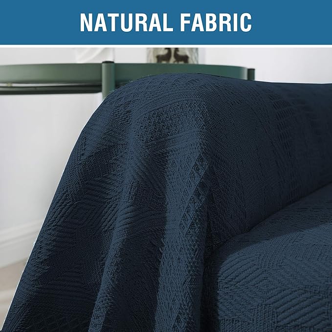 H.VERSAILTEX Cotton Sofa Covers Couch Cover Sofa Slipcover for Most Shape Sofas, Feature Thick Woven Jacquard Seamless with Tassels, Multi-Use Decorative for Couch (Medium: 71" x 91", Navy)