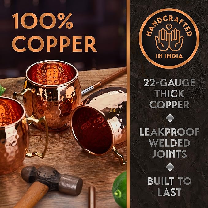 Moscow Mule Mugs - 100% Pure Copper for Drinking Beverages with Moscow Mule Cups Set of 4-16 oz Mugs, 4 Straws, 4 Coasters, Stirring Spoon, Shot Glass, Brush & Pure Copper Cup Gifts for Him
