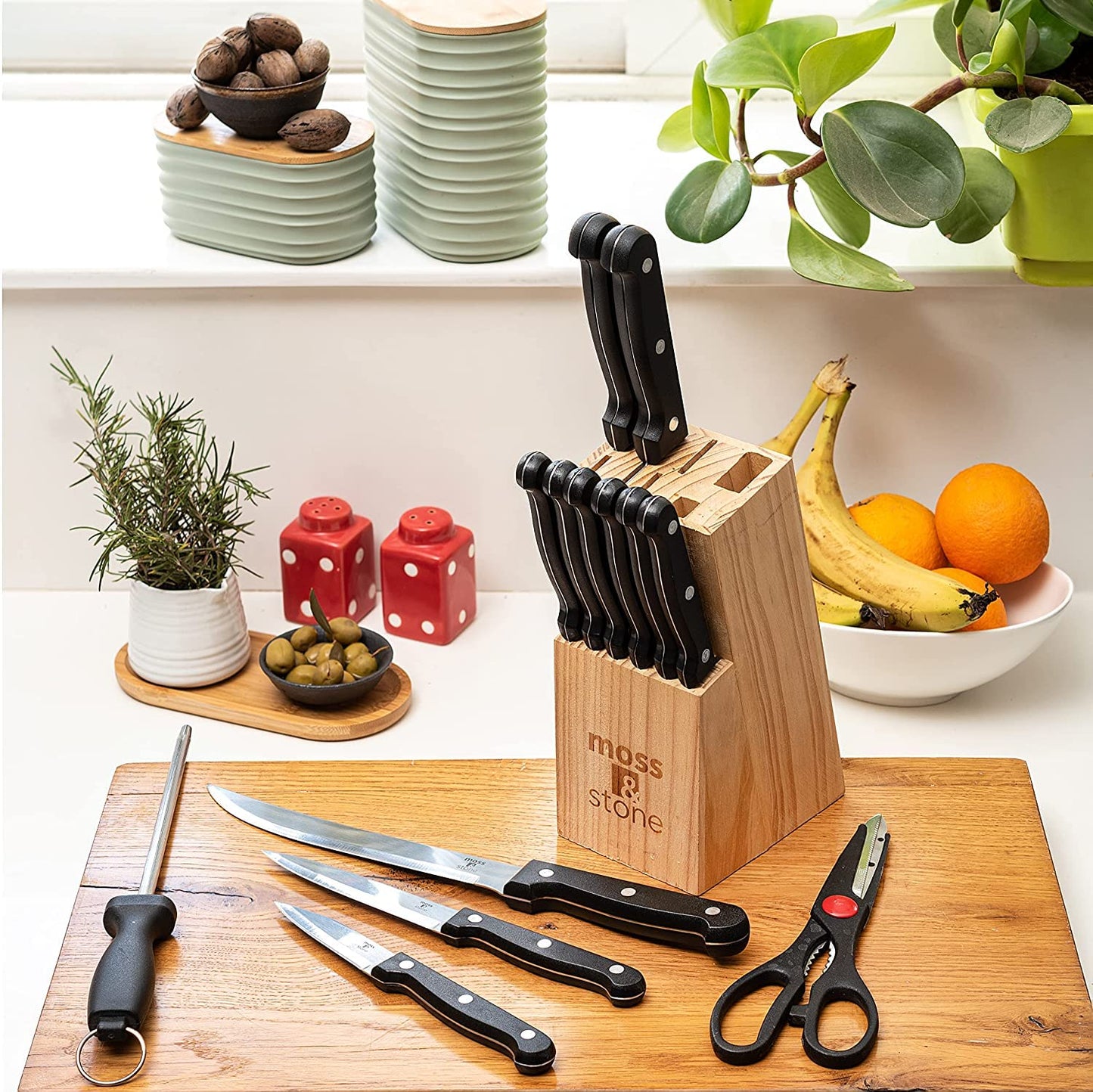 Moss & Stone 14 Pcs Knife Block Set Stainless Steel, Premium Forged Kitchen Knives Set with High-Carbon Blades, Ergonomic Handle, Sharp Blade, Rust Resistant, Modern Style for Home & Chef, Black