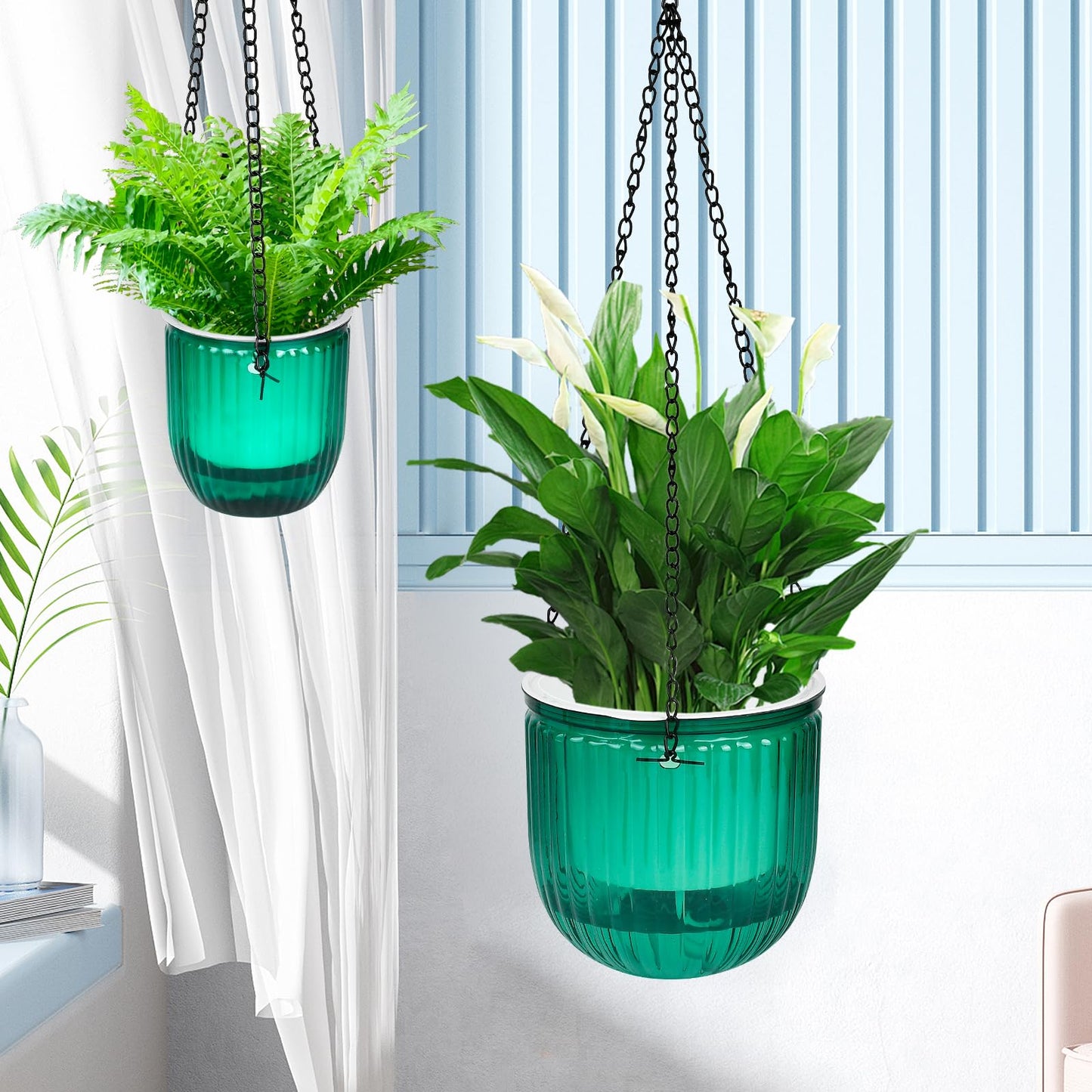 Boocalny 4Pcs Self Watering Hanging Planter, 6.5'' 4.5'' Hanging Plant Pots with Drainage Holes,Plastic Hanging Plant Flower Pots Baskets,Visible Hanging Planters for Indoor Plant Garden Home(Emerald)