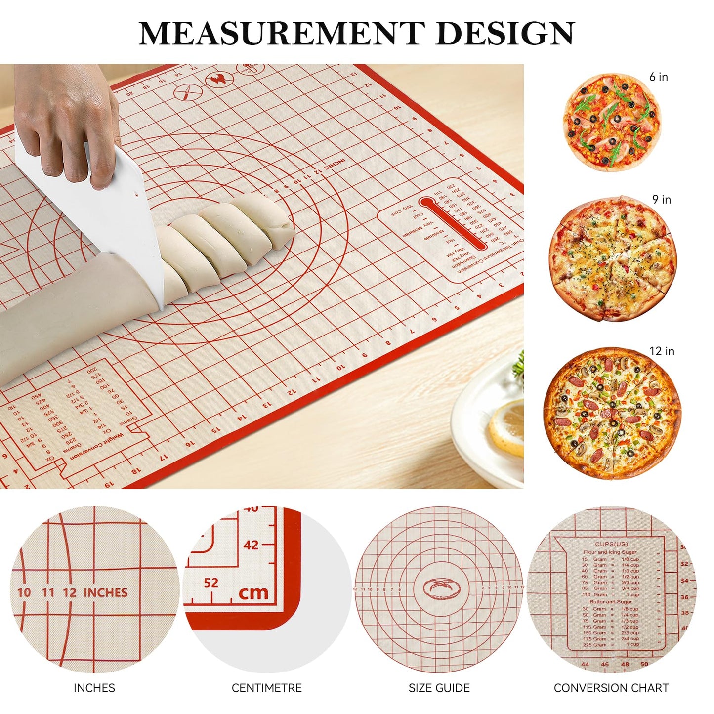 Silicone Baking Mat,28in×20in & 16in×12in Pastry Mat,Measuring Non-slip Dough mat Mats for Baking,Kneading Dough,Table Mats Red(2Pack)