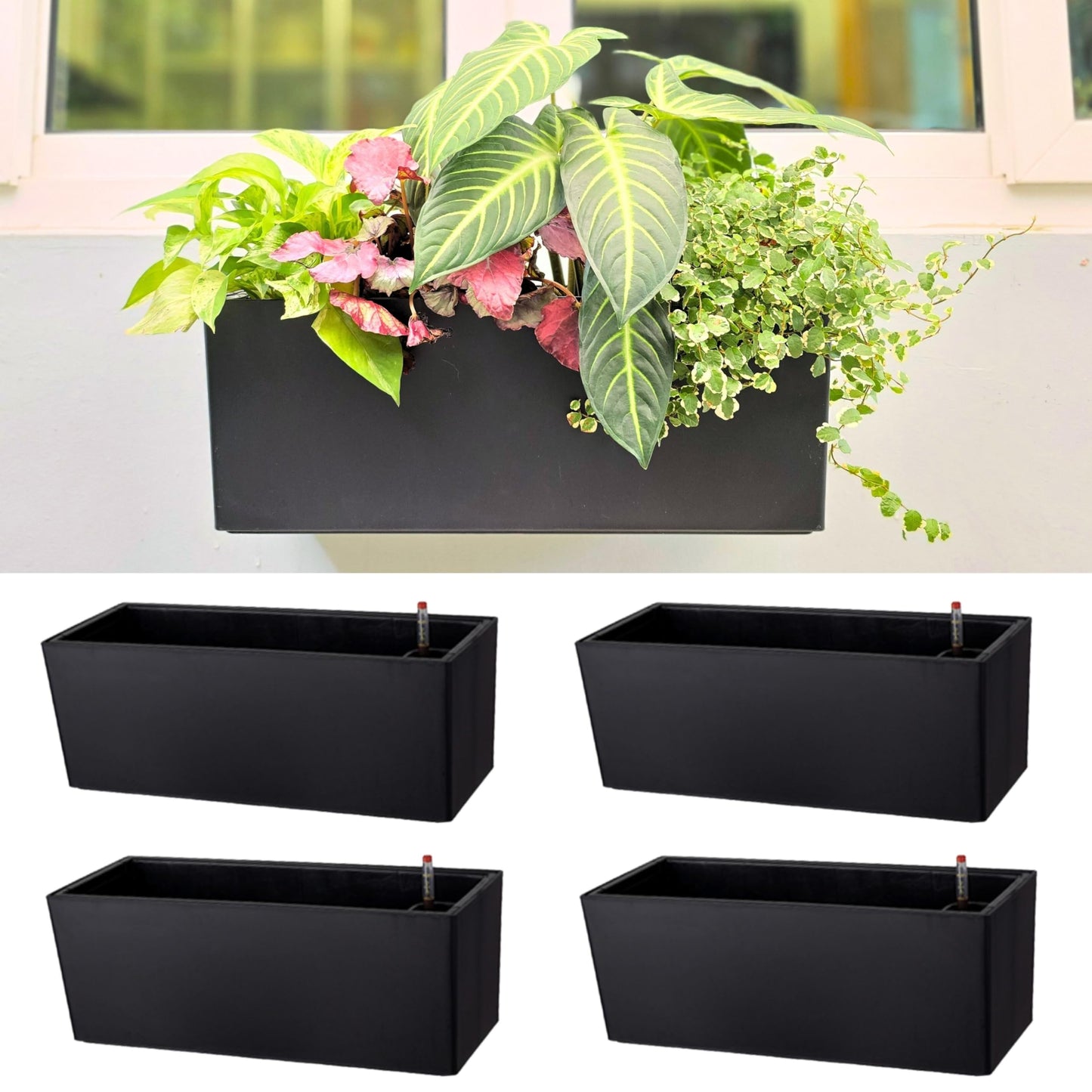 LaLaGreen Wall Planters for Outdoor (14 Inch, 4 Pack) Black Self Watering System Hanging Planter Box Flower Pot, Rectangular Wall Mount Indoor Vertical Living Garden Decoration Window Sill Herb Trendy