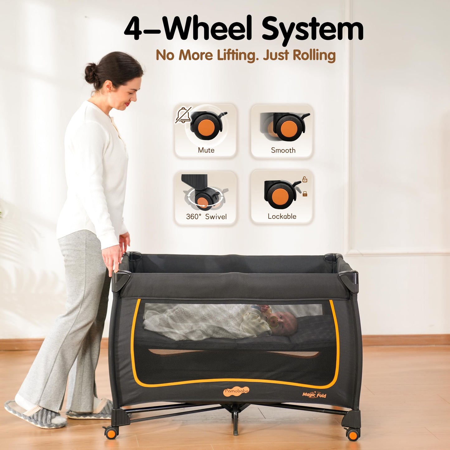 Pamo Babe 6 in 1 Baby Pack and Play with Bassinet - One-Step Setup Travel Crib, Small Portable Playpen for Babies, Portable Baby Bassinet, Changing Table, Toys Bar & Extra Large Storage Bag