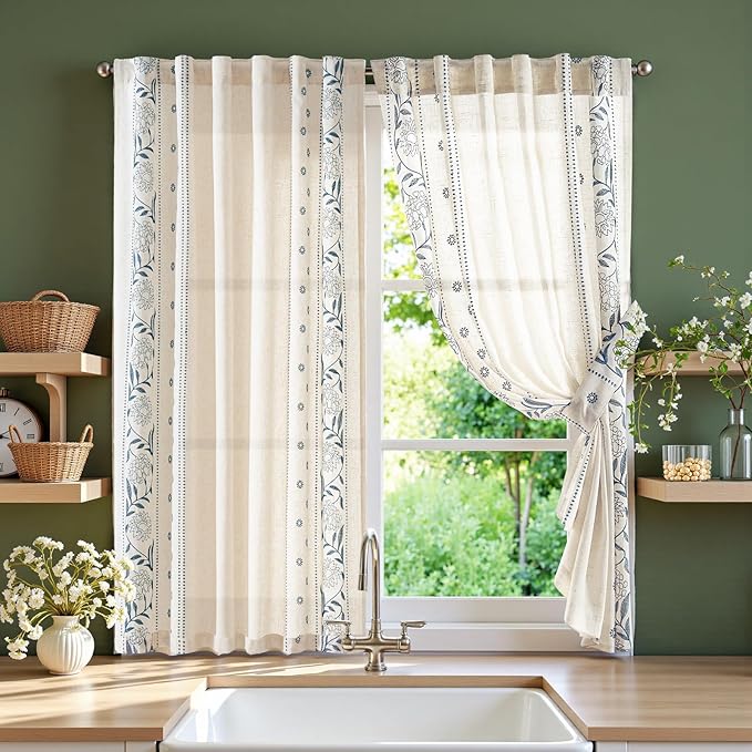 jinchan Winslow Linen Curtains 54 Inch Length Small Window Curtains Embroidered Bordered Floral Drapes Light Filtering for Bathroom Laundry Room Kitchen Farmhouse Decor Blue on Beige 2 Panels
