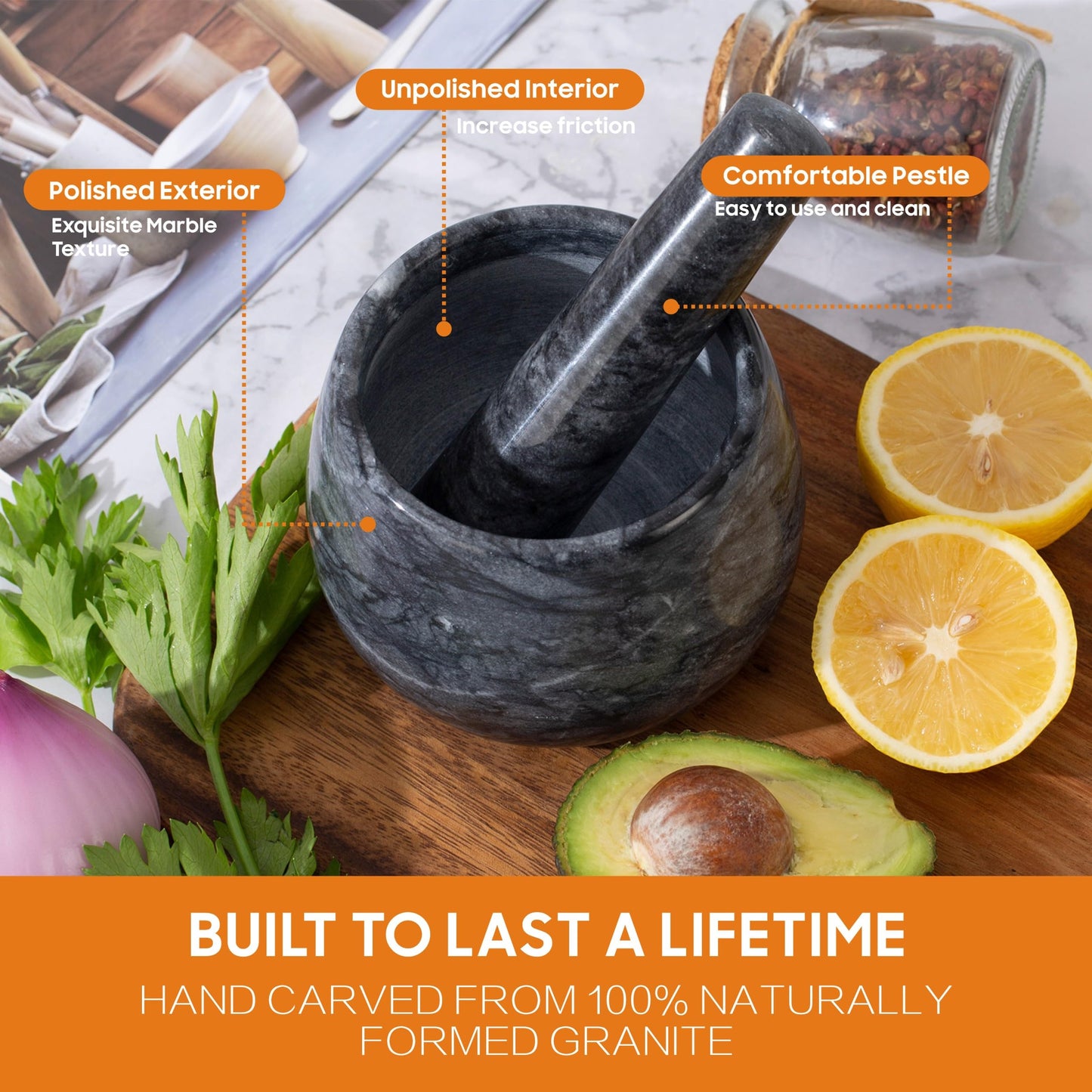 Fasolahome Heavy Duty Mortar and Pestle, Natural Marble Mortar and Pestle Set, Spice Herb Grinder Make Fresh Guacamole, Salsa, Pesto, Stone Grinder Bowl, 1.5 Cup