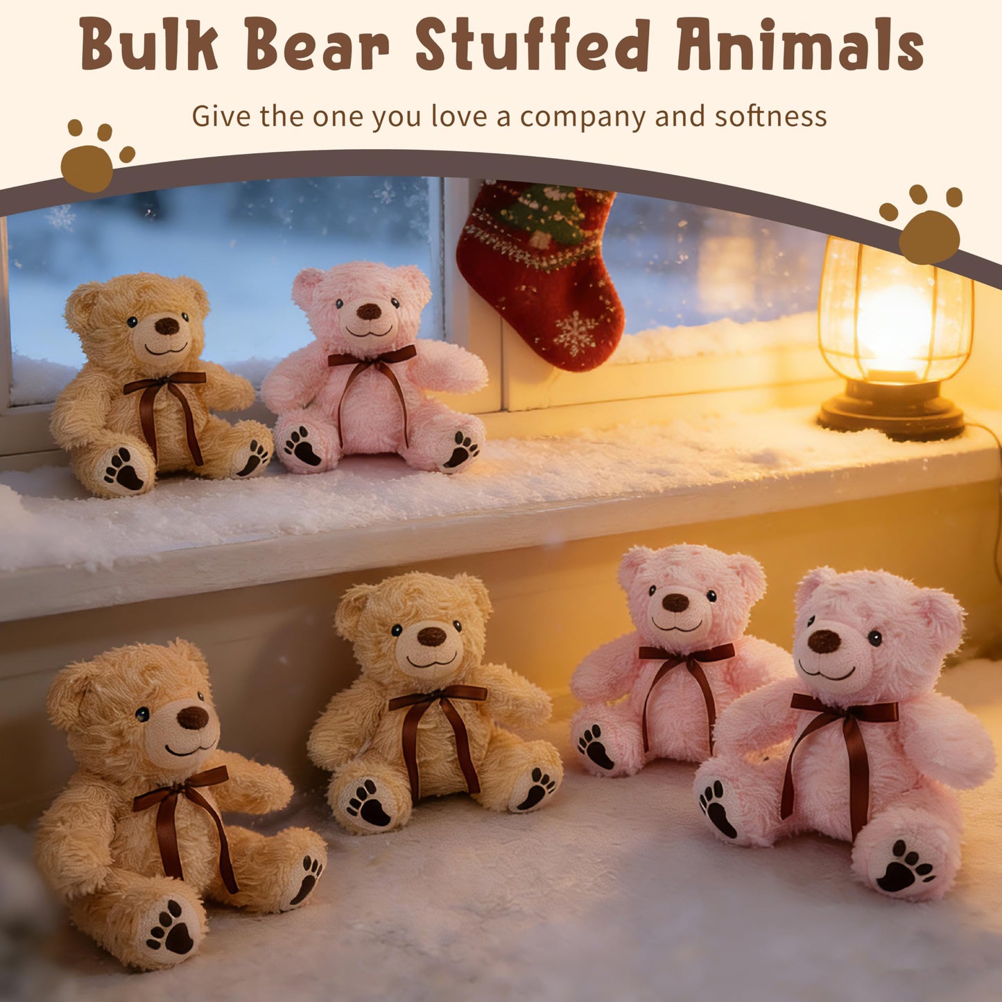 EEYQR 6Pcs Teddy Bear Stuffed Animals Bulk for Baby Shower, Small Stuffed Teddy Bear Plush, Bulk Bears Plush Toys for Baby Shower Party Decorations Christmas Valentine's Day (Brown, Pink)