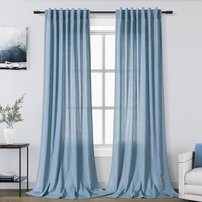 Blue Linen Curtains 96 inches Long for Bedroom Back Tab Light Filtering Privacy Sheer Curtains Modern Farmhouse Coastal Decor Dusty Blue Cotton Textured Gauze Curtain 2 Panel Set 52x96