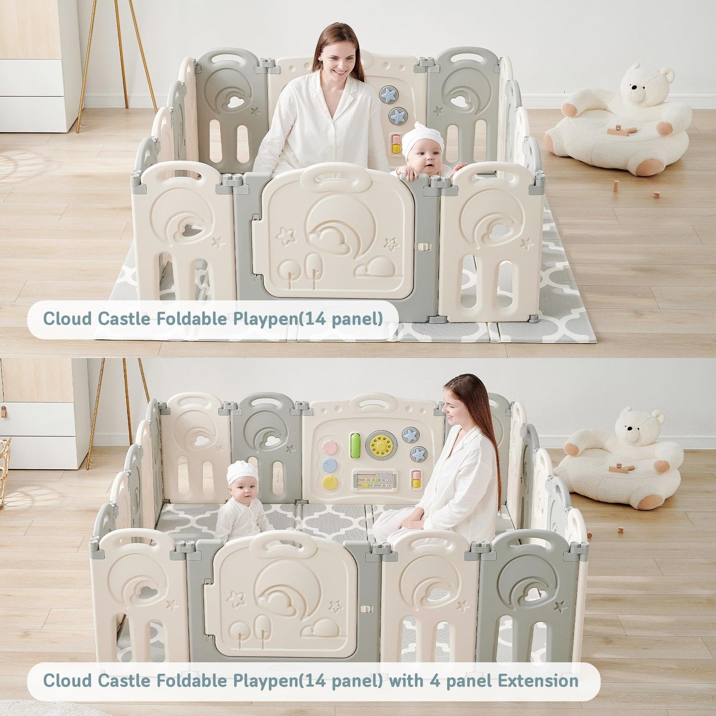 Fortella Cloud Castle Foldable Playpen, Baby Safety Play Yard with Writing Whiteboard and Activity Wall, Pack and Play for Toddlers 1-3, Indoors or Outdoors (Gray, 14 Panel)