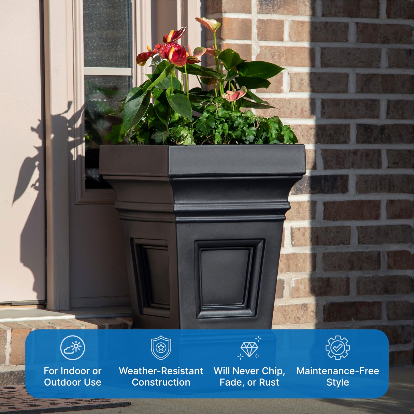 Step2 Atherton Square Planter, Large Planters for Outdoor Plants, Gardening and Flower Pot for Patio or Porch, Efficient Drainage, Durable Plastic, Onyx Black, 2-Pack