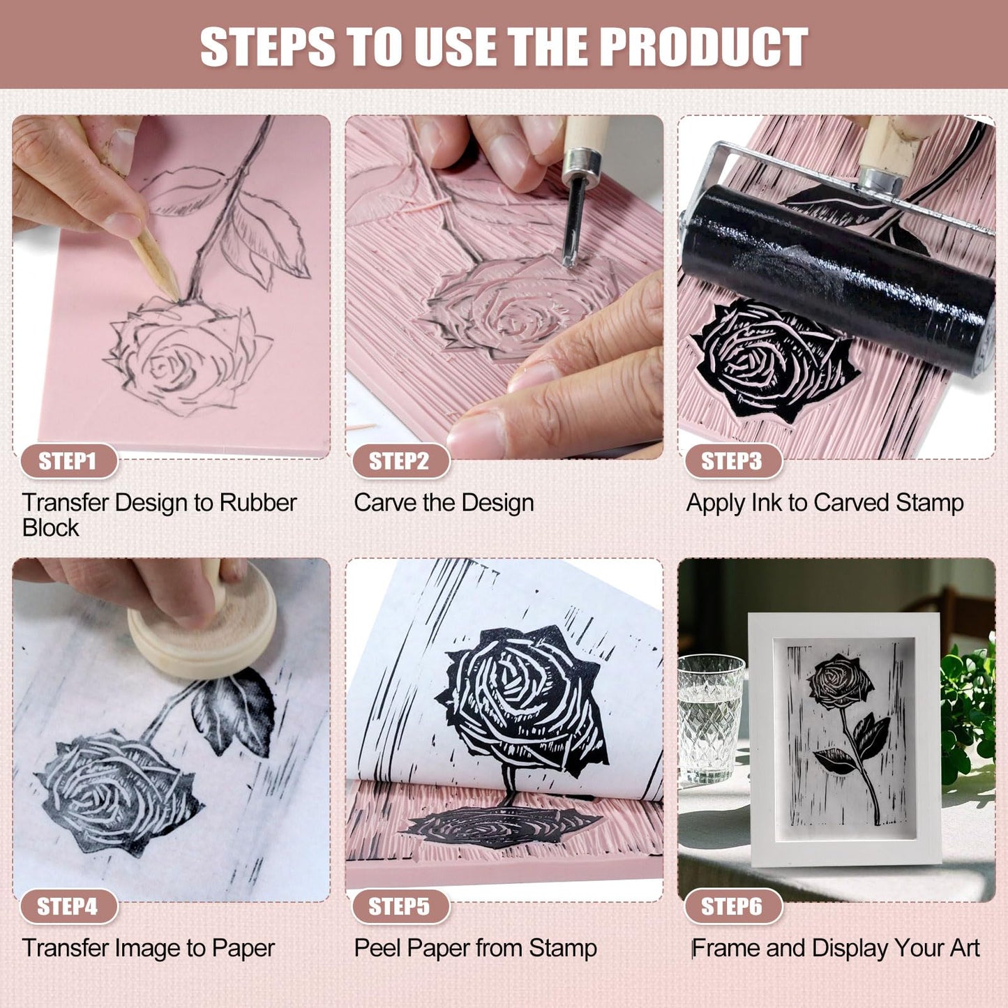Bobblebro Linoleum Blocks for Printmaking Supplies - 6PCS 4”x6”Rubber Linocut Block Printing Kit for Stamp Carving, Soft Relief Printing Linoleum for DIY Crafts & Art Projects