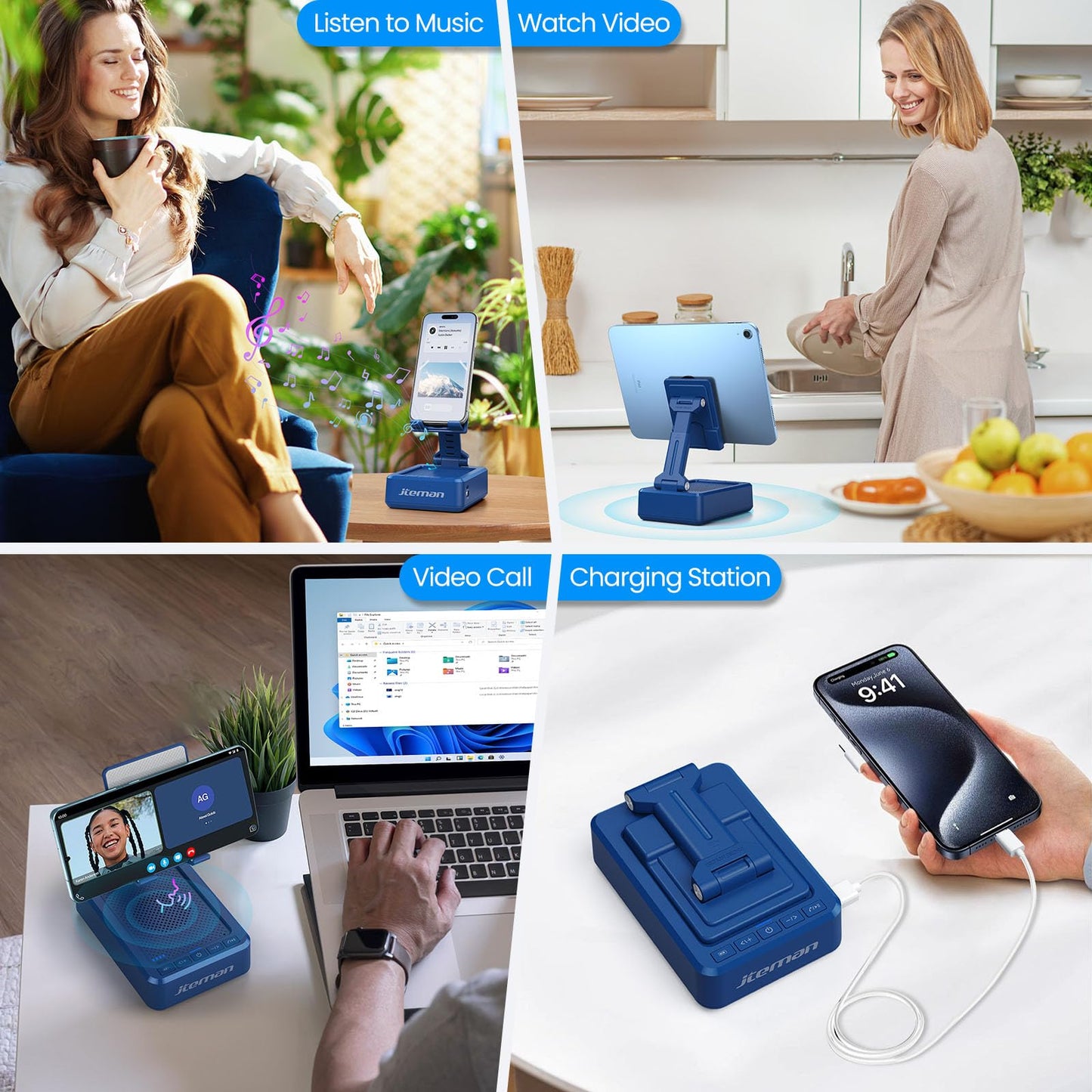 JTEMAN Cell Phone Stand with Bluetooth Speaker,HD Sound Adjustable Phone Holder,Birthday Gifts for Men Women, Cool Tech Kitchen Gadgets for Most Phones and Tablets-Blue