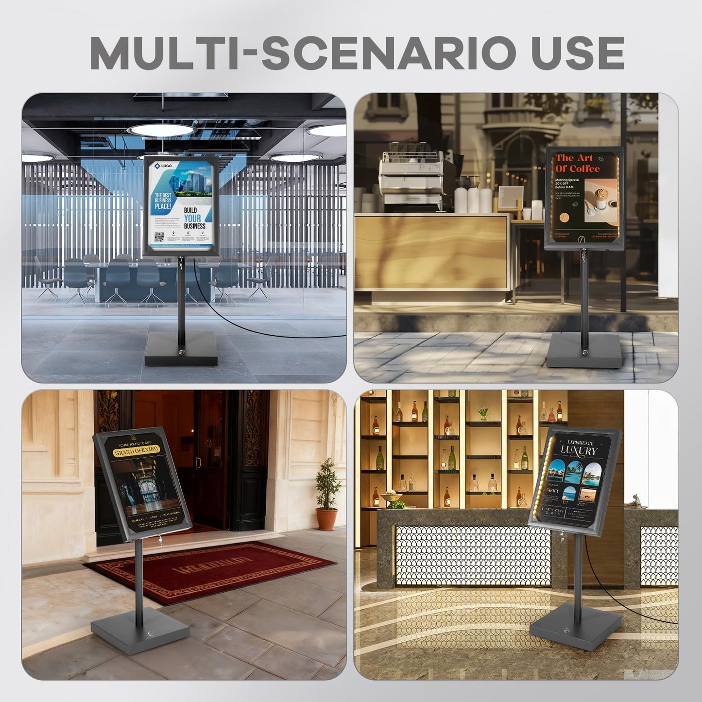 Vaste Large Steel Menu Displays Adjustable Floor Standing Holder Advertising Display with Cover Heavy-duty Base LED Lights Locks for Shopping malls restaurants conferences exhibitions（Black）
