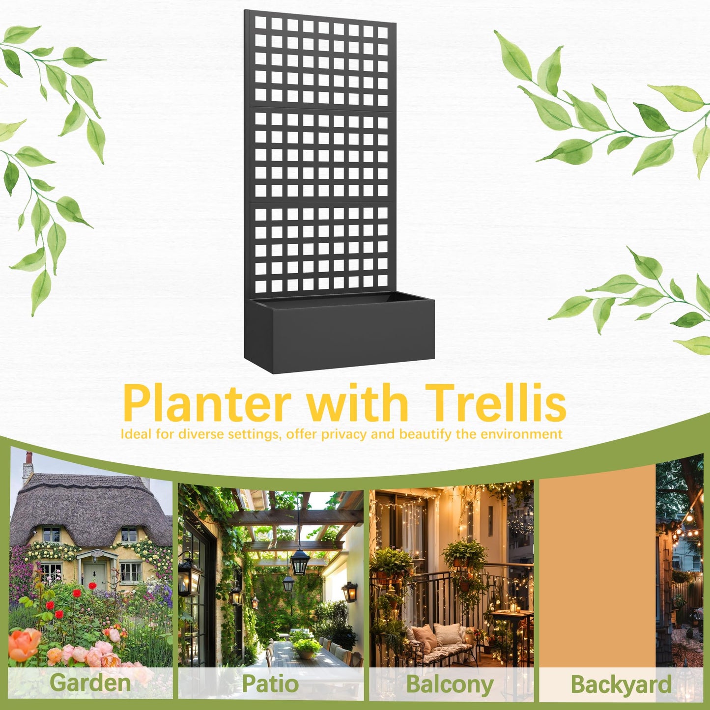 UPHYB Metal Planter Box with Trellis, 71"x 35"x 16" Raised Garden Bed with Trellis, Planter Box Trellis with Privacy Screen and Drainage Holes, Black
