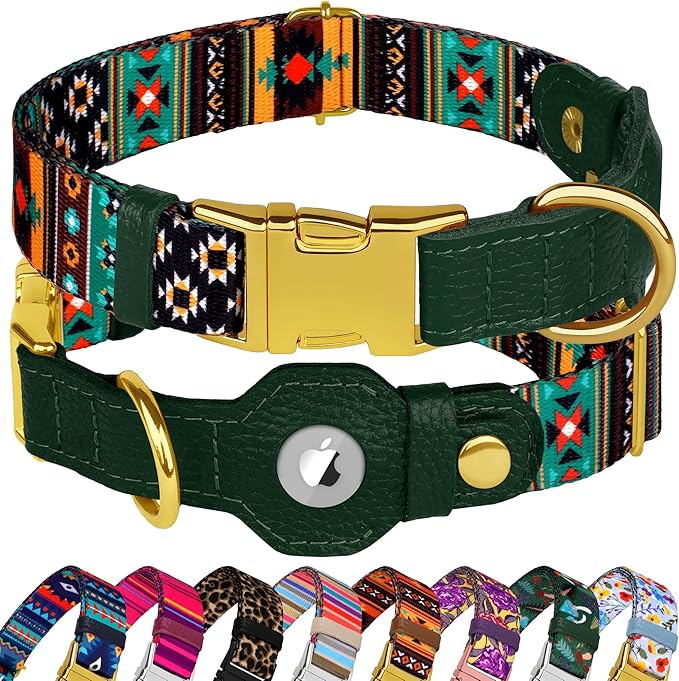 AirTag Dog Collar for Small Medium Large Breed - Adjustable Cute Pattern Dog Collar with Airtag Holder - Soft Leather Tracker GPS Apple Air Tag Pet Collars (X-Large, 20"-25" Neck Fit, Navajo)