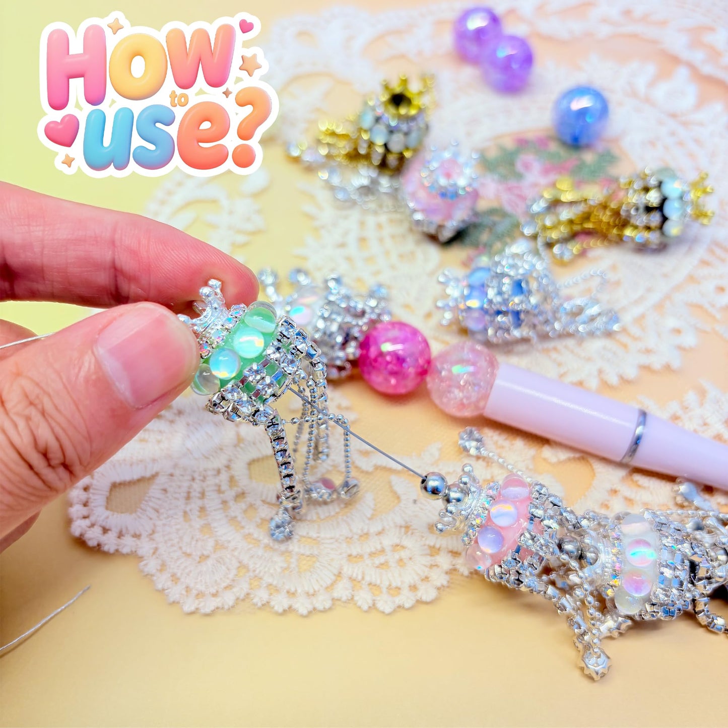 10pcs Rhinestone Focal Beads for Pens, Sparkling Crystal Crown-Shaped Designs with Tassels, Fancy Beads for DIY Jewelry Making Keychains Crafts Holiday Decorations