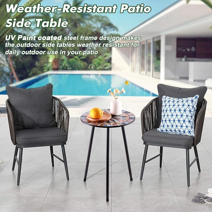 Party Zealot Metal Mosaic Round Side Tables Set of Two 13.4" Small Outdoor Patio Round Accent Coffee Tables Indoor Corner Stand for Small Spaces Weather-Resistant for Balcony Plant Stand