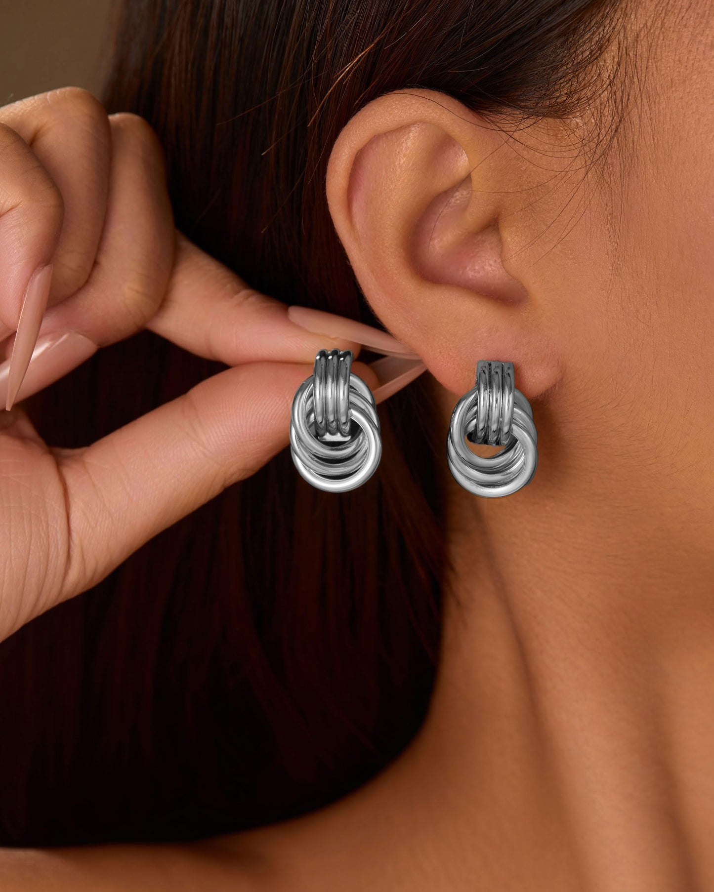 Chunky Silver Drop Earrings for Women - Minimalist Knot Earrings, Trendy Geometric Dangle Statement Earring Jewelry