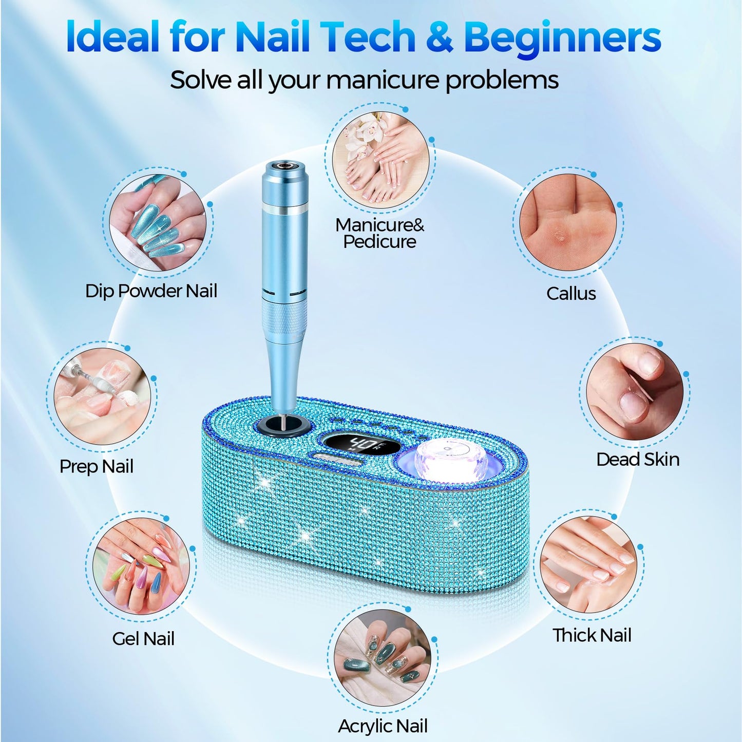 Nail Drill Electric File: DEDNMSCA Sparkly Professional Nail Drill Kit, 40000RPM E-File Machine with 12 Drill Bits for Acrylic Nails Remove Nail Gel Polish Manicure for Salon Home, Blue Diamond