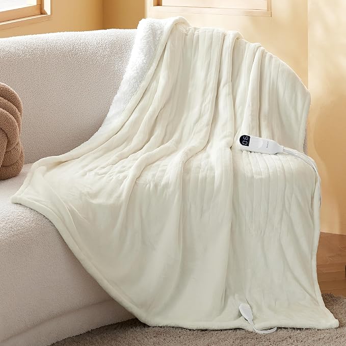 Bedsure Heated Blanket Electric Throw - Soft Flannel Electric Blanket, Heated Throw with 4 Time Settings & 6 Heat Settings, Warm Gift for Grandma (50x60 inches, Ivory)
