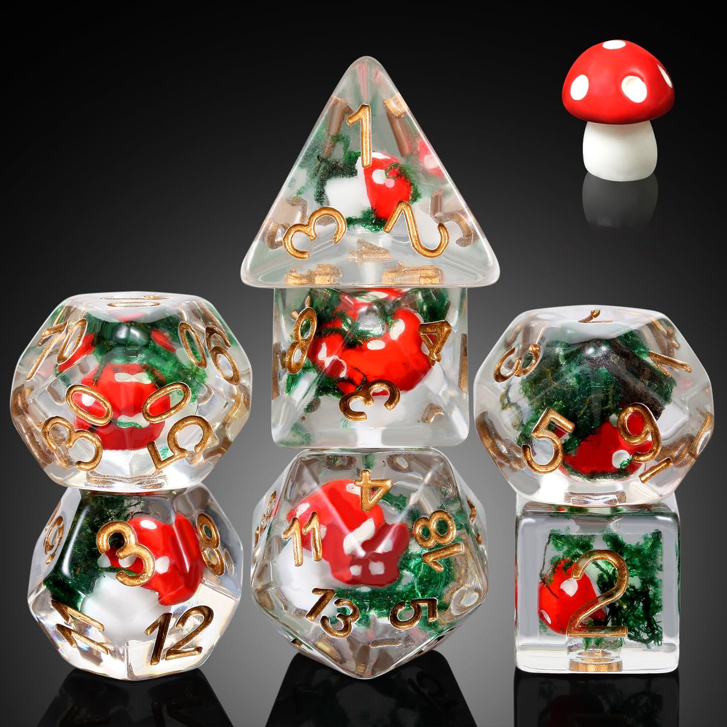 Mushroom Dice Set D&D, DNDND 7PCS Resin D&D Dice Set with Gift Velvet Bag for Dungeons and Dragons Role Playing Games and Tabletop Games（Red Mushroom