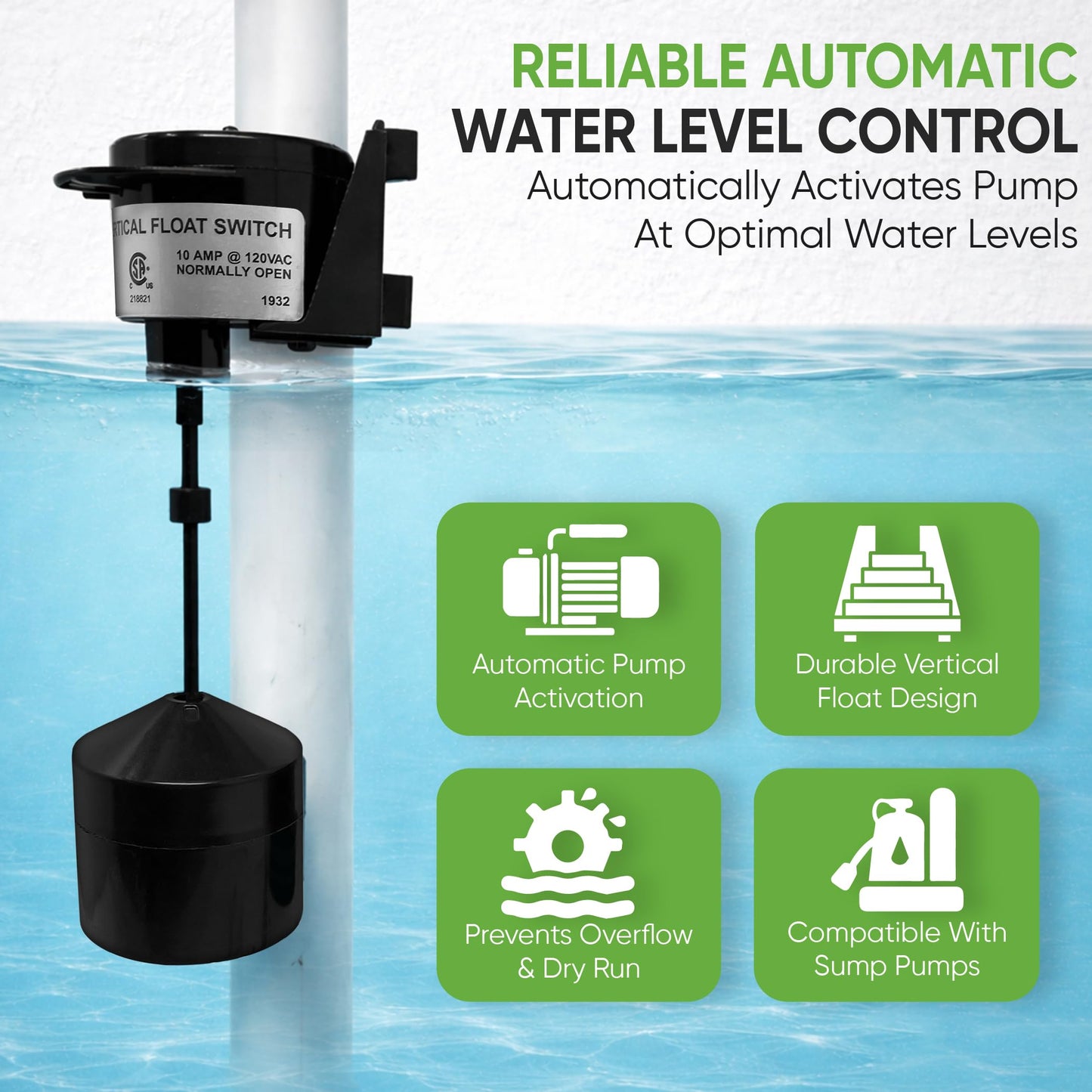 PumpSpy Vertical Float Switch for Sump Pumps – Universal Pump Switch Replacement with 10 ft Cord, Water Level Control