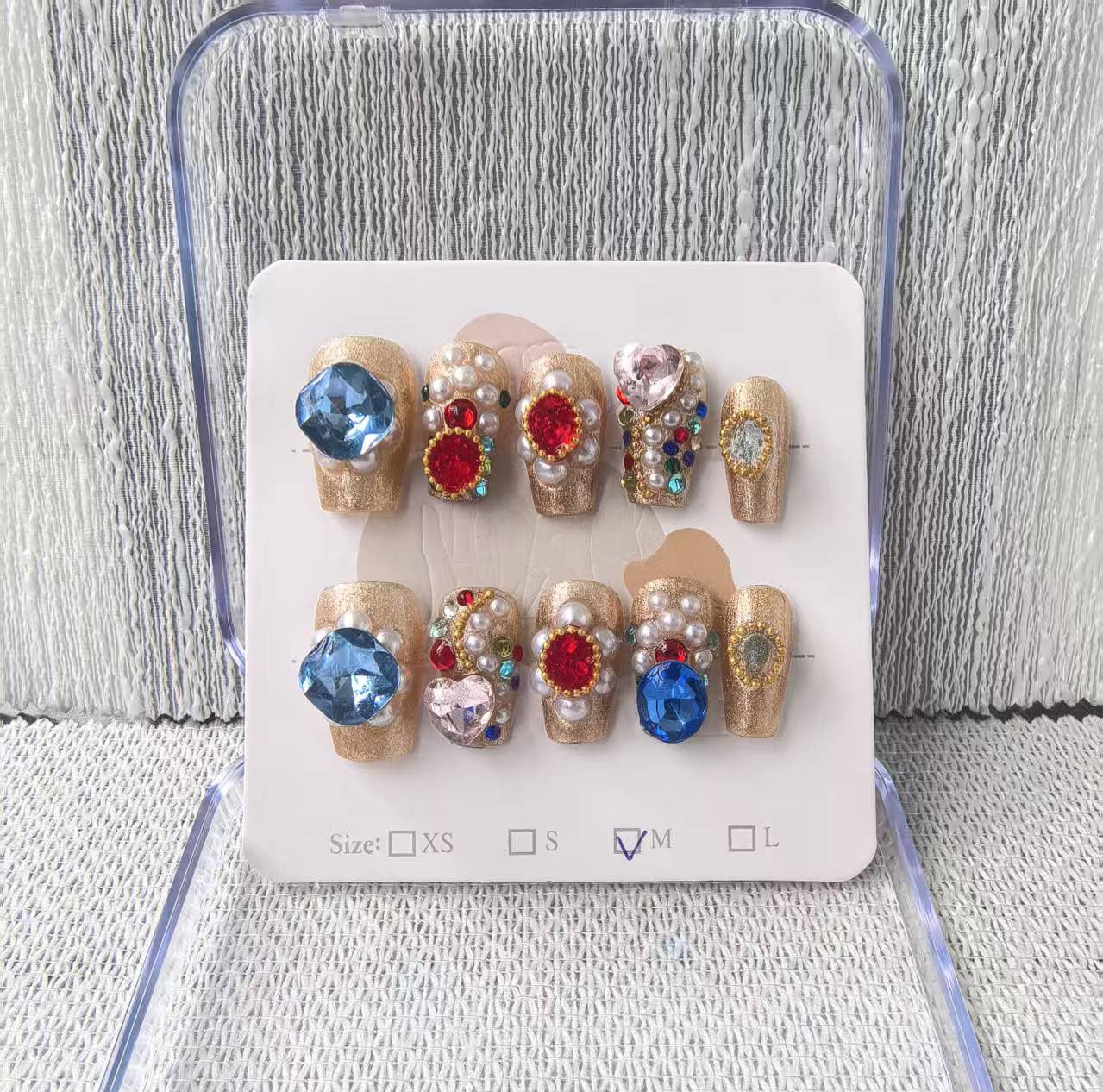 Handmade Press on Nails Long Coffin False Nails Gold False Nailswith 3D Rhinestones Designs Charm Cute luxury Sparkly Acrylic Nails for Women (Size M）10pcs