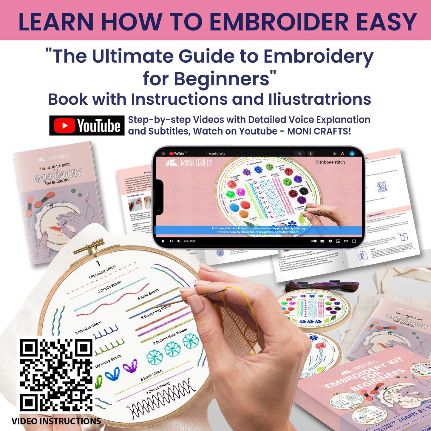 Moni Crafts Embroidery Kit for Beginners – DIY Hand Embroidery Set for Adults with 4 Stamped Patterns, Hoop, Threads, Needles and Step-by-Step Stitch Guide to Learn 33 Stitches