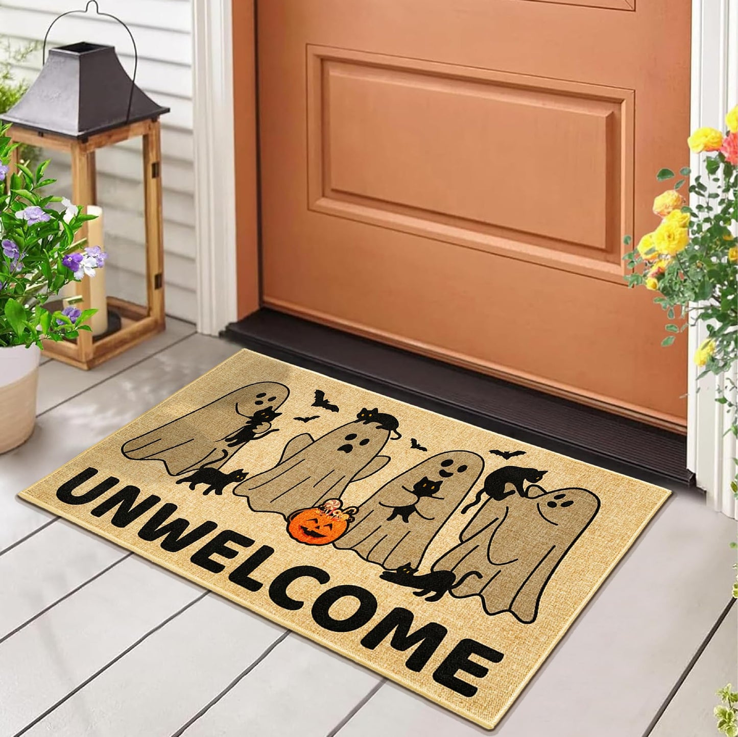 Kazova Unwelcome Doormat Funny Ghost Boo 17x30 Inch Non Slip Washable Linen Indoor Outdoor Rug for Introvert Home Office Front Door Entryway