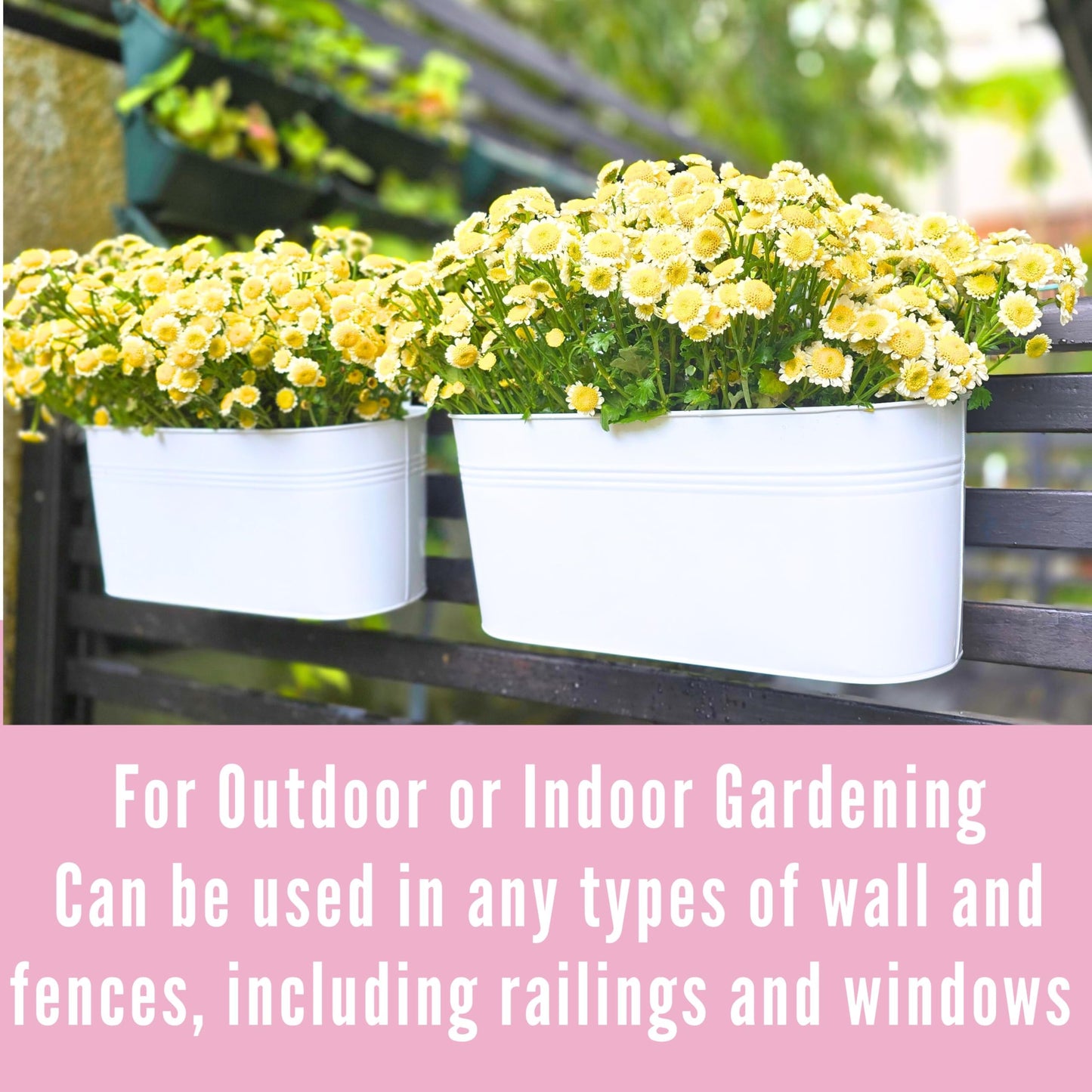 LaLaGreen Outdoor Plants Rail Planter (4 Pack, 16 Inch) White Metal Iron Hanging Flower Pots Deck Railings Fence Buckets Modern Boho Style Wall Mount Window Boxes Plant Holder Hooks Porch Home Decor