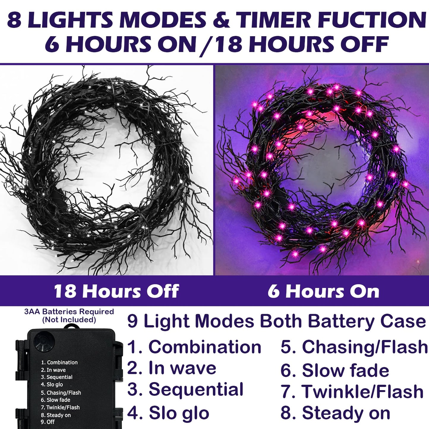 [ 8 Modes & Timer ] 9 Ft 66 LED Halloween Willow Vine Twig Decor Garland Decorations with Purple Lights, Halloween Garland with Battery Operated Waterproof for Home Wall Fireplace Mantle Decorations