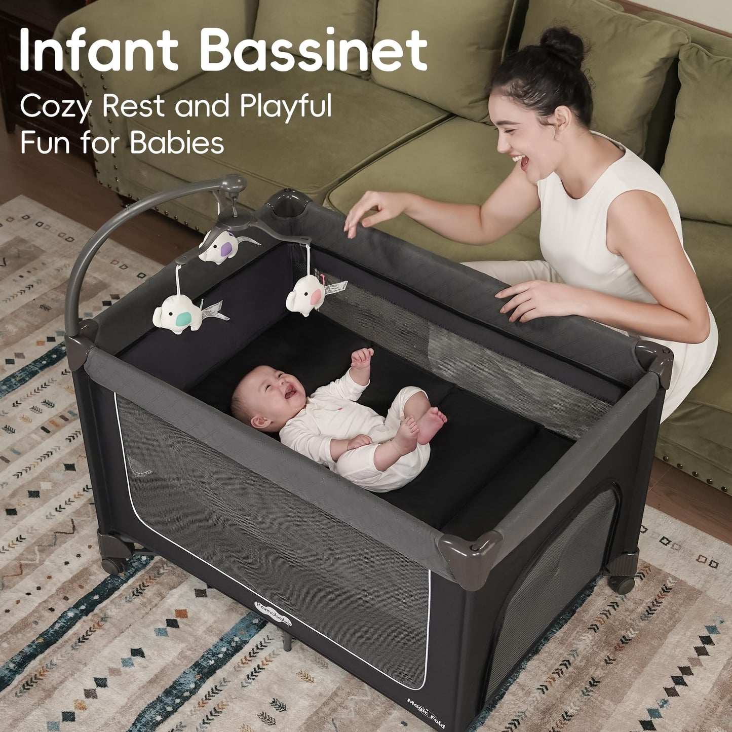 Pamo Babe Magic Fold Pack and Play with Bassinet 1 Step Set Foldable Playards Baby Playard with Changing Table Portable Playpen with Zip Door