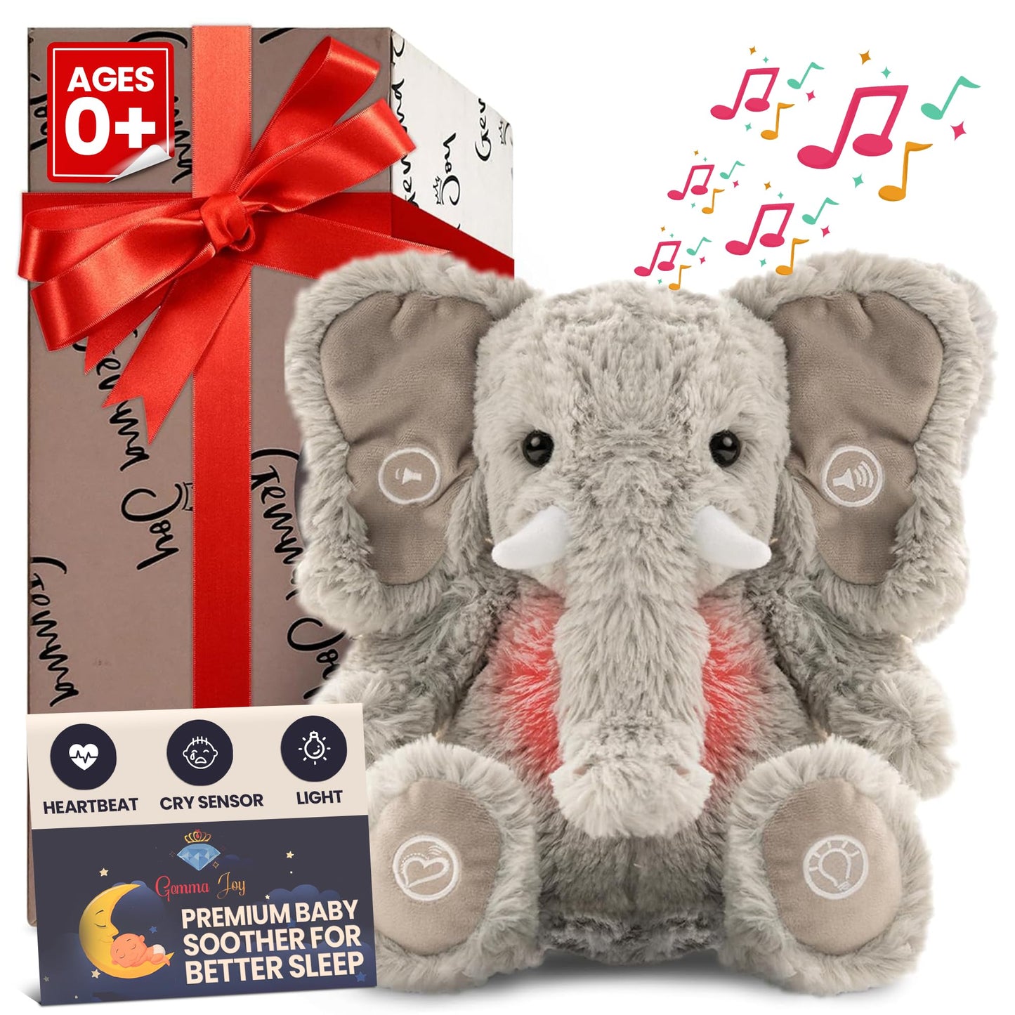 Gemma Joy Bedtime Baby Soother with Cry Activated Sensor, Plush Stuffed Animal for Newborn Infants - Bunny Non Rechargeable and Elephant Rechargeable - (2pcs)