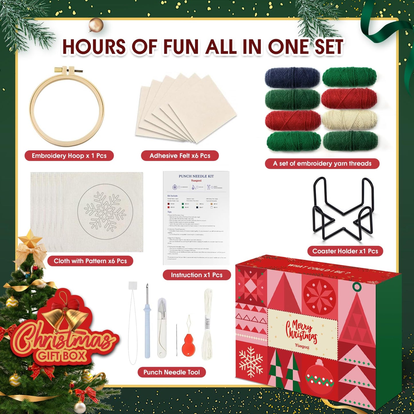 yuegool 6PCS Christmas Punch Needle Coasters Kit - DIY Embroidery Set for Adult Beginners, Holiday Art Craft Supplies with Patterns, Tools, Yarn, Hoop, Instructions, Coaster Holder