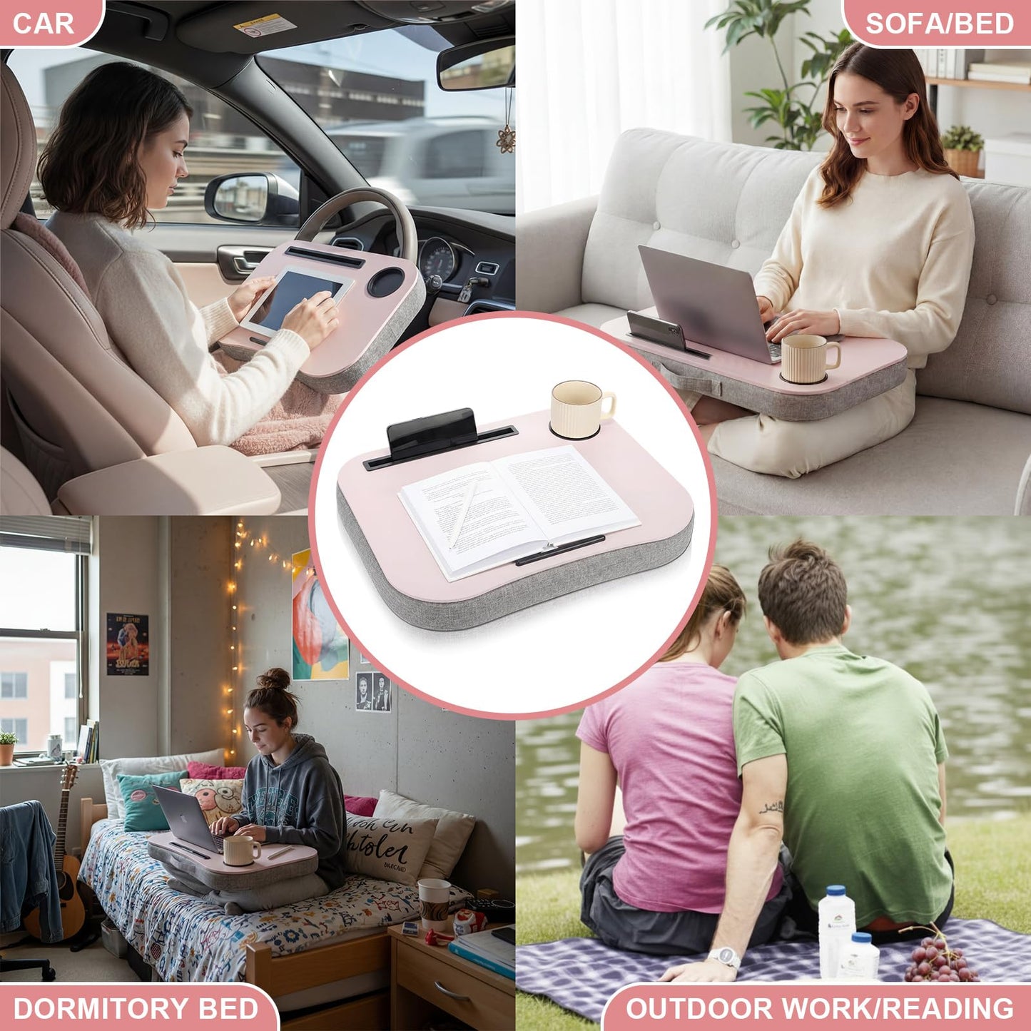 Lewtemi Pink Laptop Lap Desk with Cup Holder and Stopper Padded Phone Holder Couch Bed Sofa Fits up to 15.6 Inch Cushion Portable Lap Desk for Home Office Study Writing