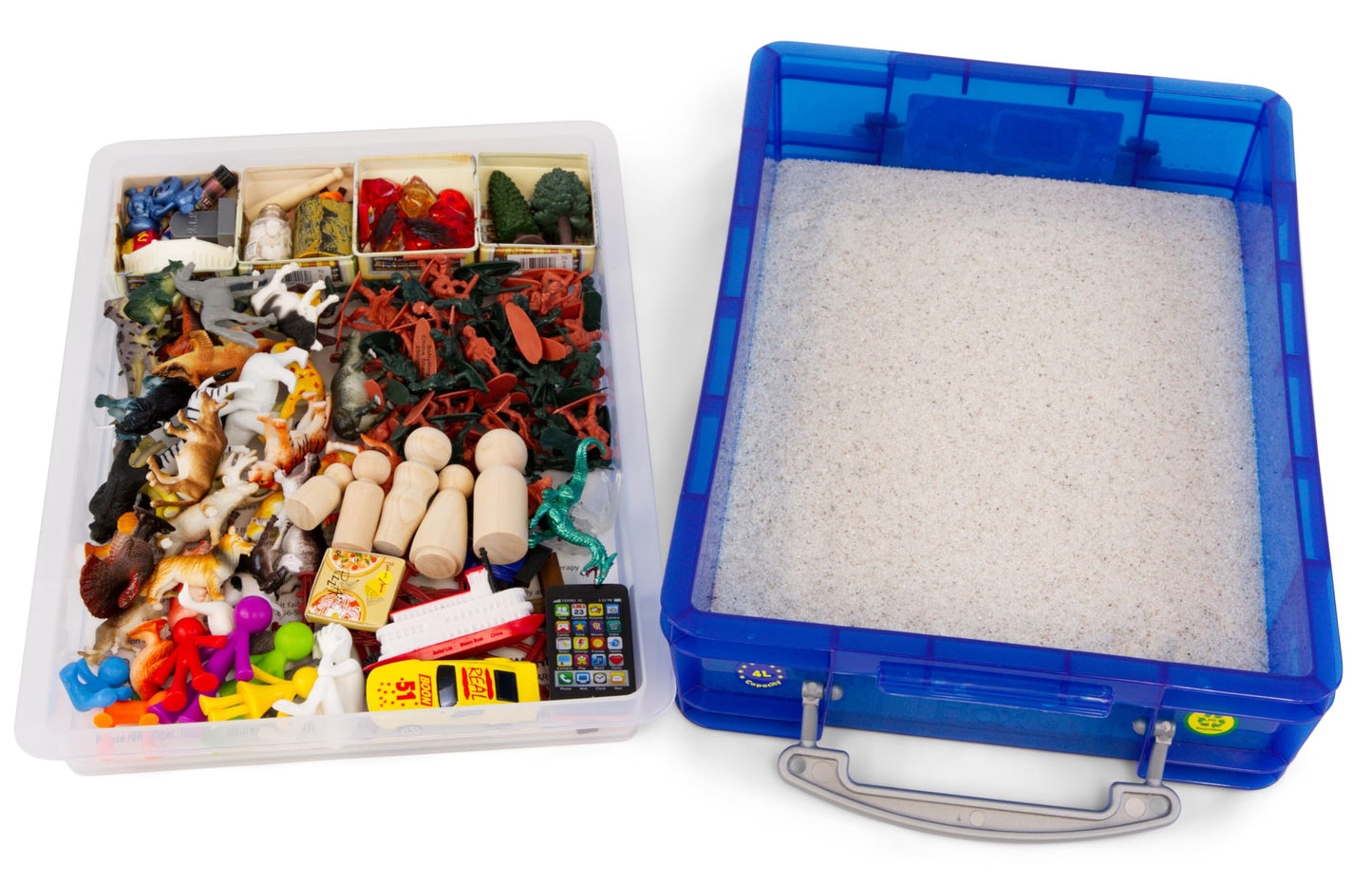 PTS Games Play Therapy Supply Basic Portable Sand Tray Starter Kit with Tray, Sand, and 150+ Miniatures