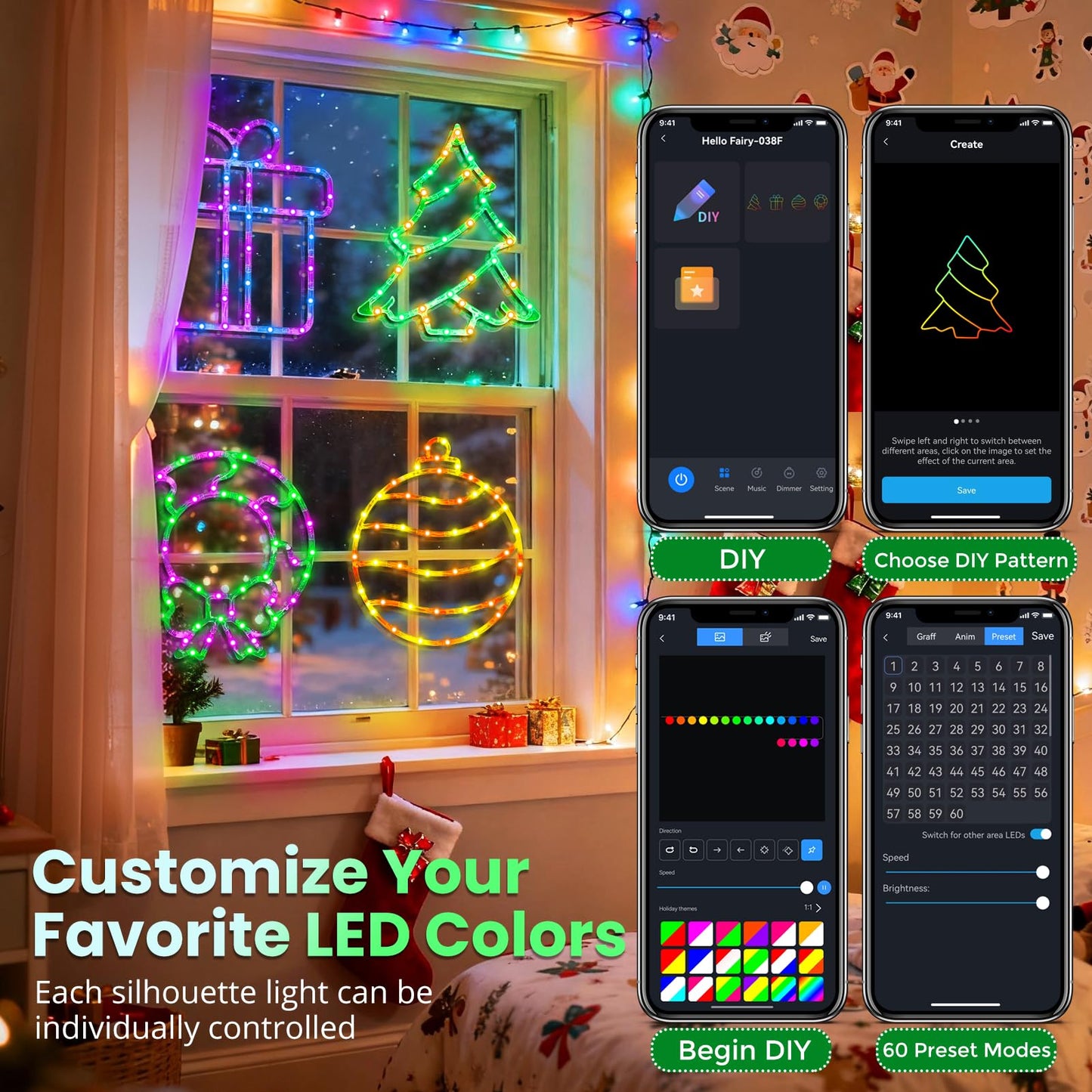 RESHAKE 4 Pack Smart Christmas Window Lights, RGB LED Silhouettes Light, Xmas Tree, Wreath, Gift Box & Ball with Music Sync, APP Control, Timer & DIY Mode for Indoor Outdoor Holiday Decor