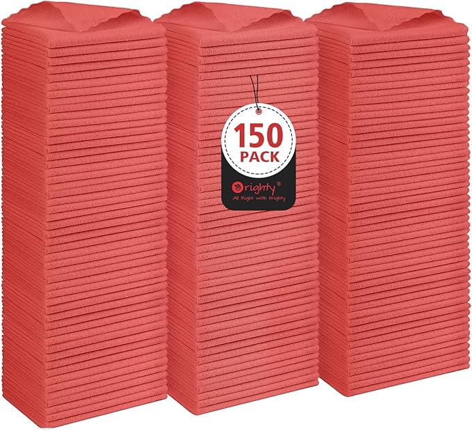 Orighty Cleaning Cloths Bulk, 150 Pack Shop Rags Reusable, Multi-Purpose Shop Towels for Cars, Microfiber Cleaning Rags for Automotive, Mechanic, Kitchen, Lint Free Towels 11.5’’ x 11.5’’, Red