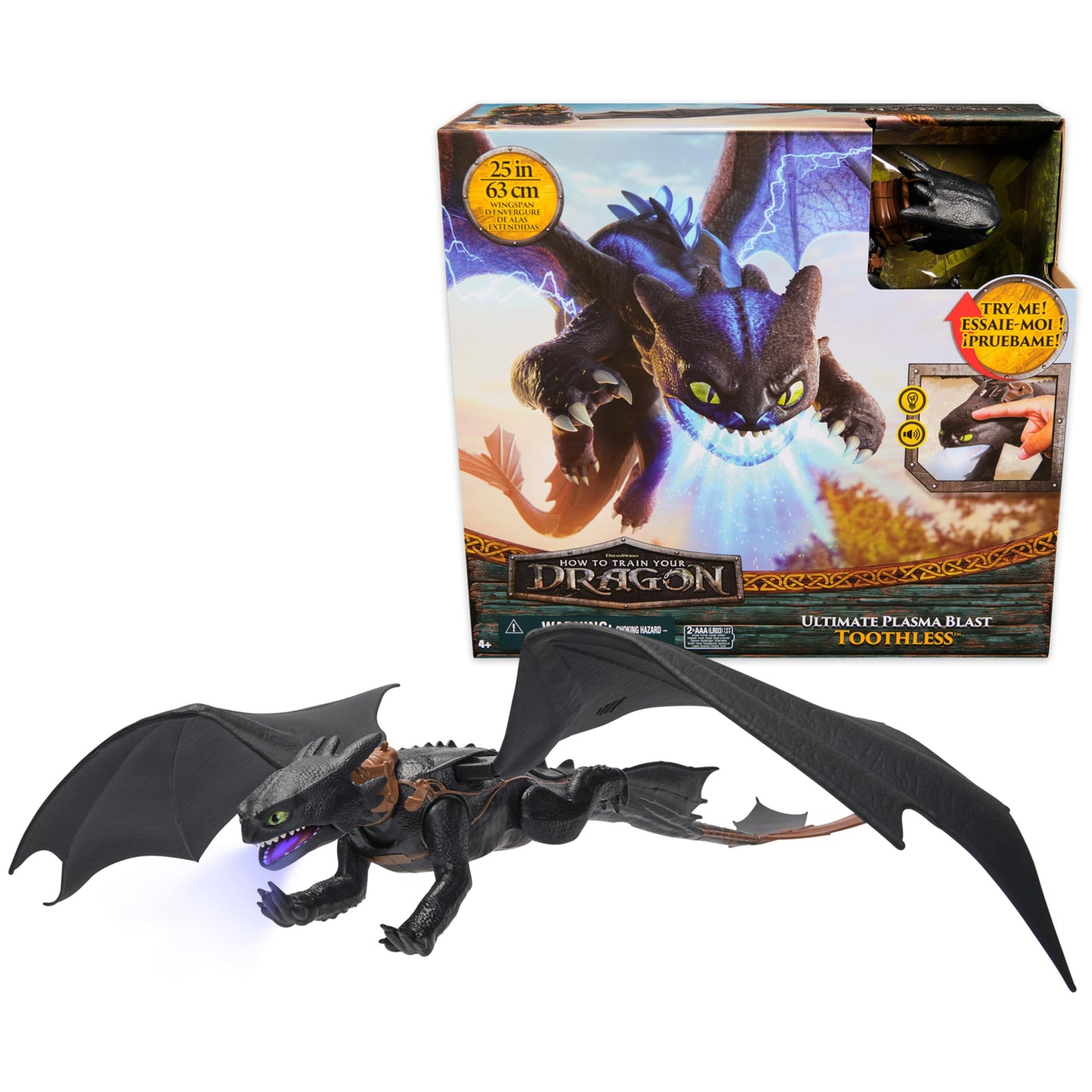 DreamWorks Dragons, How to Train Your Dragon, Ultimate Plasma Blast Toothless, 25” Wings with Lights & Sounds Action Figure, Kids Toys for Boys Ages 4 and up