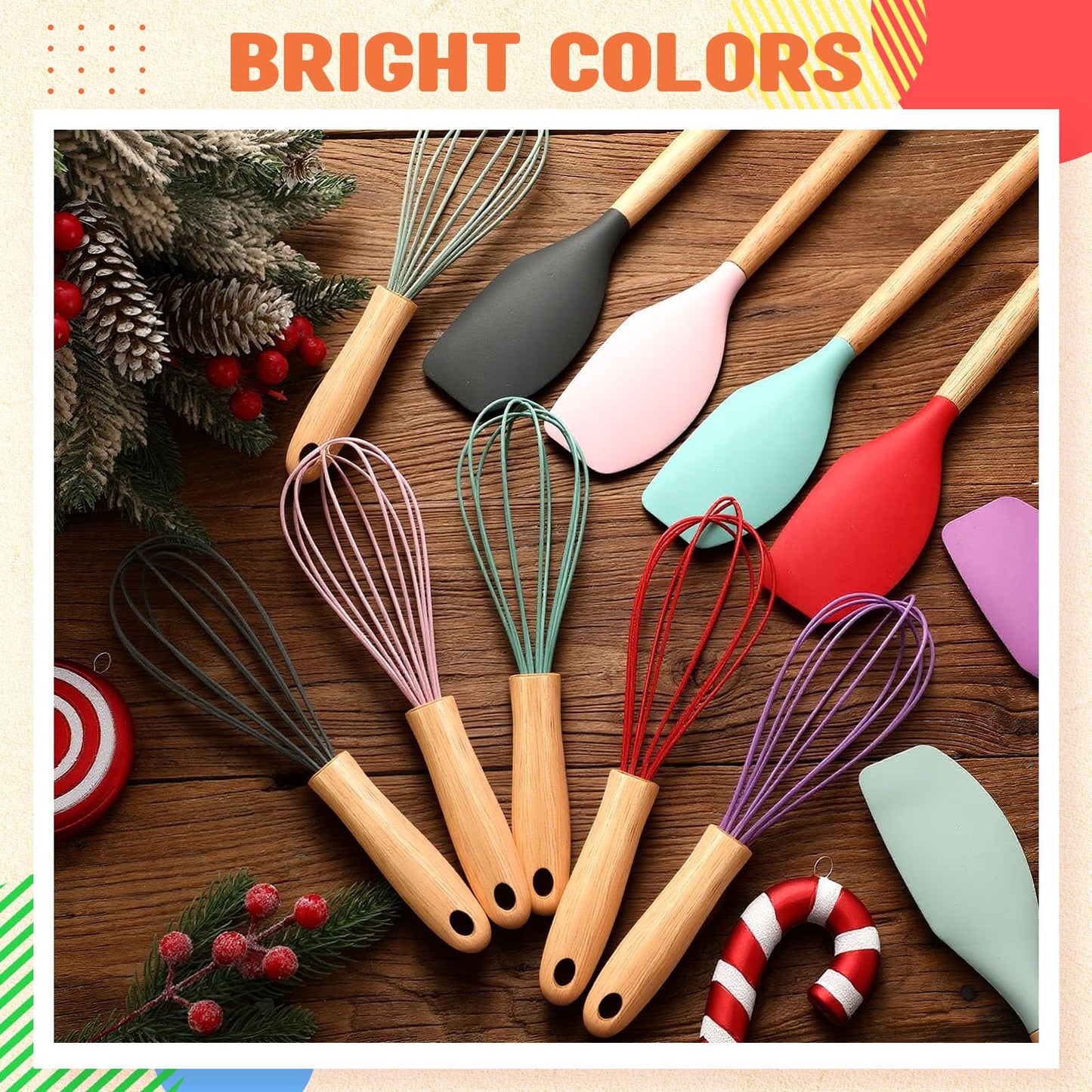 Funnymoom 12 Pcs Small Silicone Whisks and Spatulas with Wooden Handle for Cooking 10 Inch Mini Whisk Spatula Non Stick Kitchen Baking Essentials Cookware for Valentines Day Party Favor Gift Supplies