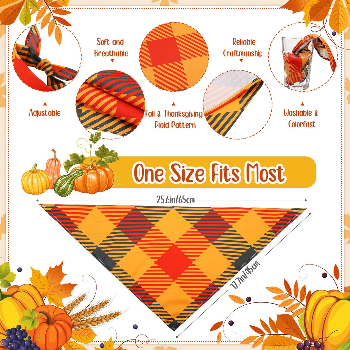 Sweetude 60 Pcs Fall Dog Bandanas Bulk Adjustable Plaid Pet Scarves,M