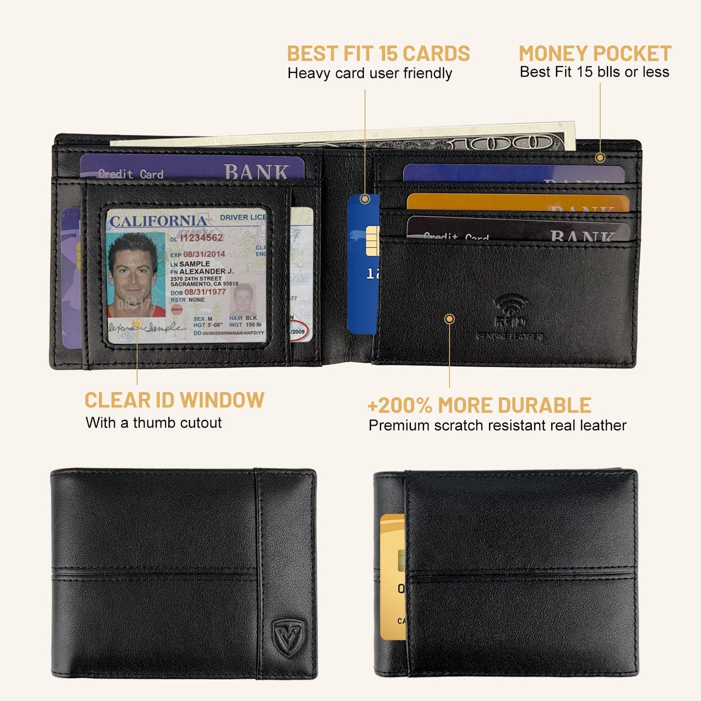 VEESKYE Full Grain Leather Wallet for Men | RFID Blocking | Extra Capacity Bifold Wallet with ID Windows | Ultra Strong Stitching | Slim Billfold with 8 Card Slots | Gift for Him Black
